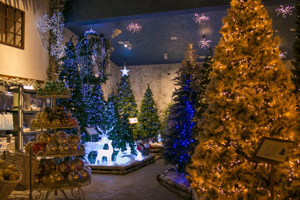 Glowing Christmas Lights And Trees With Multiple Colors