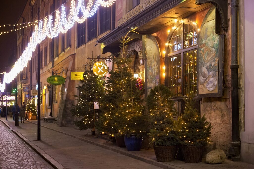 Glowing Christmas Lights And Trees On The Street