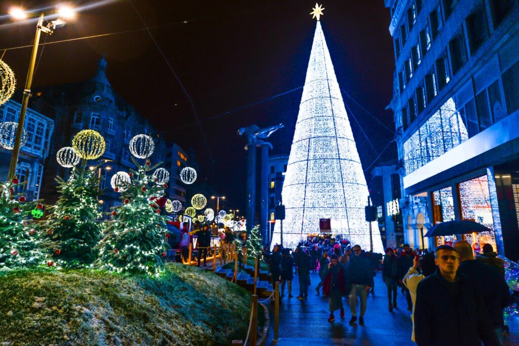 Glowing Christmas Lights On The Street