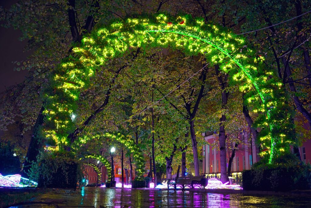 Glowing Green Christmas Lights And Trees