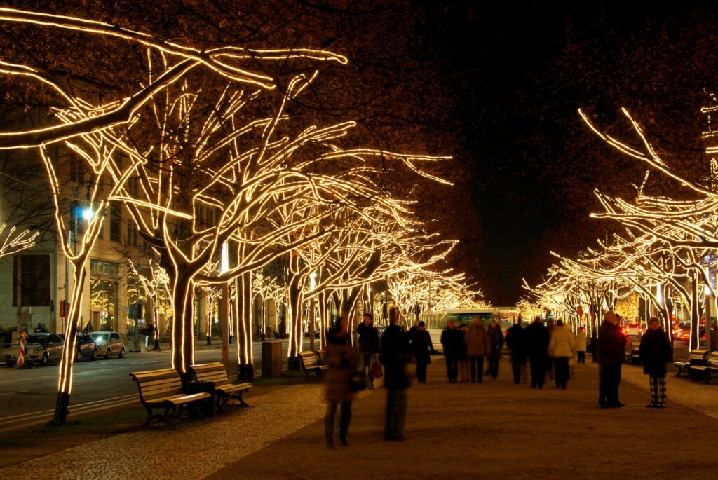 Glowing Yellow Christmas Lights And Trees