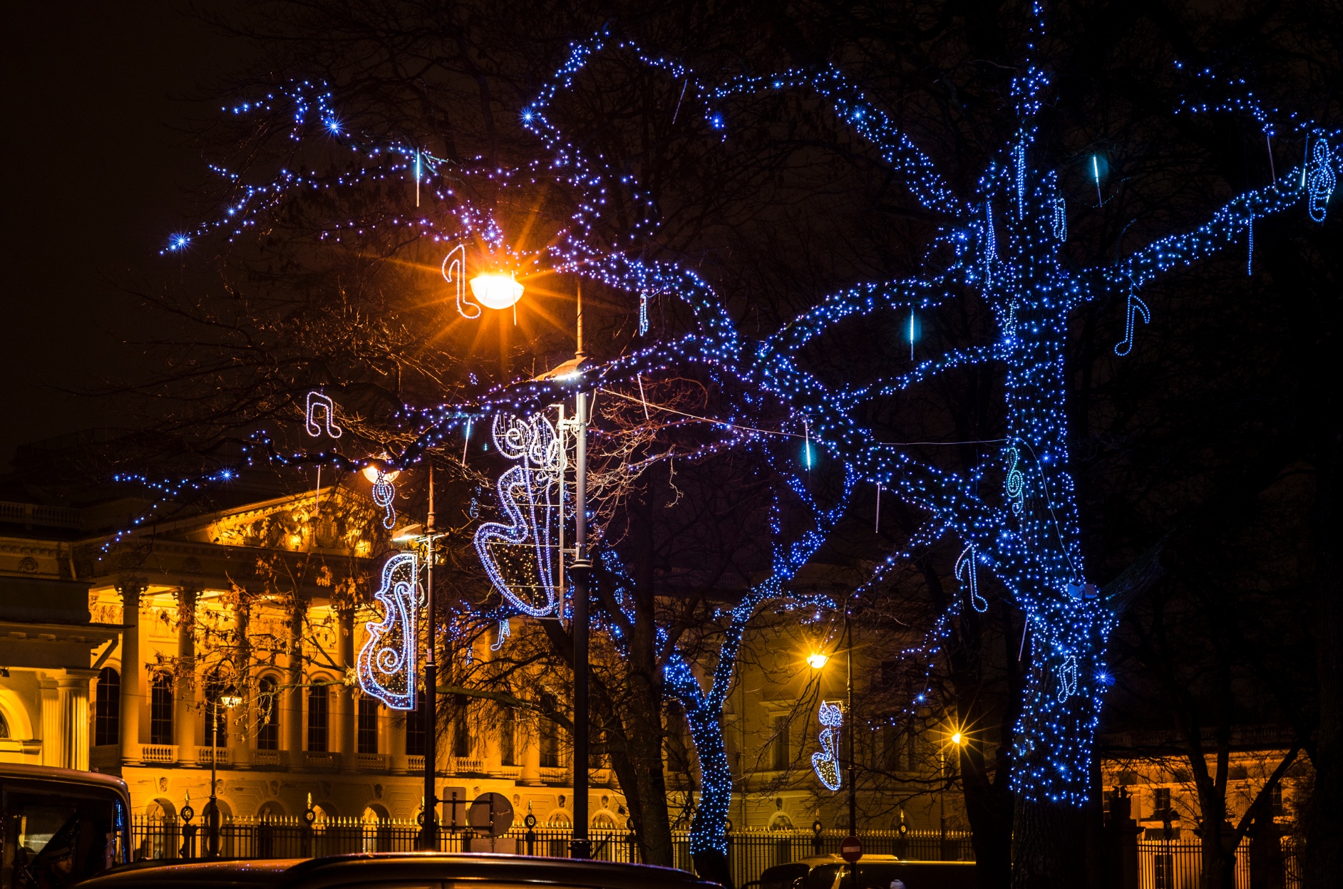 Glowing Blue Christmas Lights And Trees On The Street