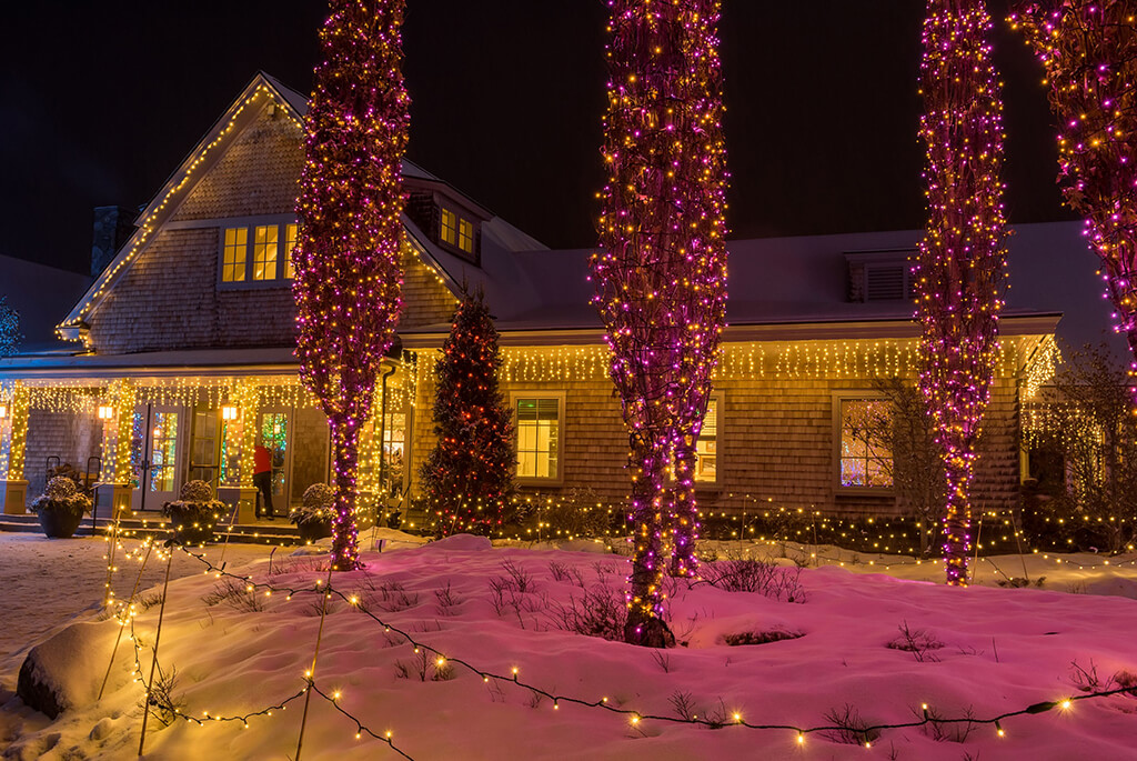 Glowing House With Christmas Lights And Trees