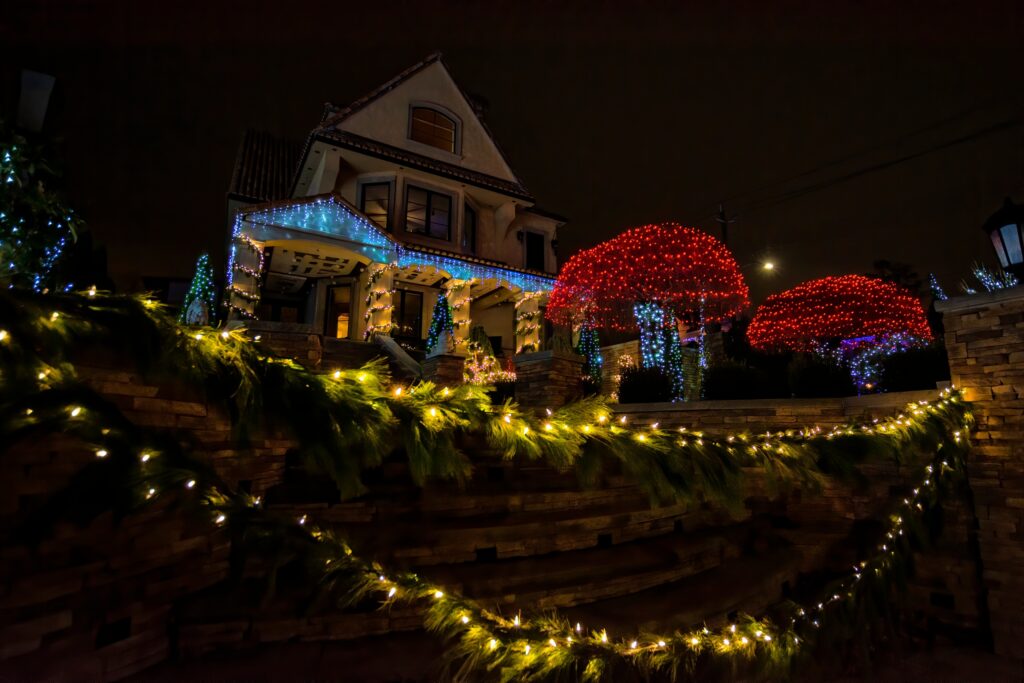 Glowing Christmas Lights And Trees At Home With Multiple Colors